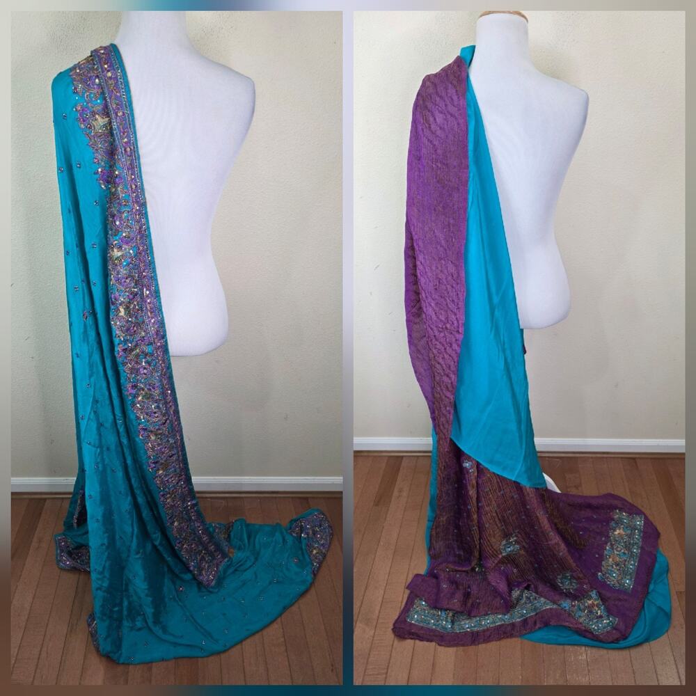 Indian Dupatta Long Scarf Sequins Hand Embroidery Georgette Set of 2 Teal NWOT